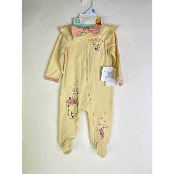 Disney Other - Disney Baby Winnie the Pooh Footed 1 Piece Zip Bodysuit Romper Headband 6 Months